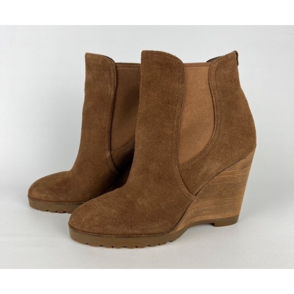 Michael Kors Thea Womens Caramel Brown Suede Leather Wedge Chelsea Ankle Boot 10 - Picture 2 of 10